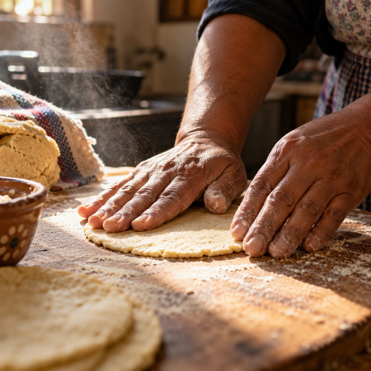 Pressing fresh corn tortillas