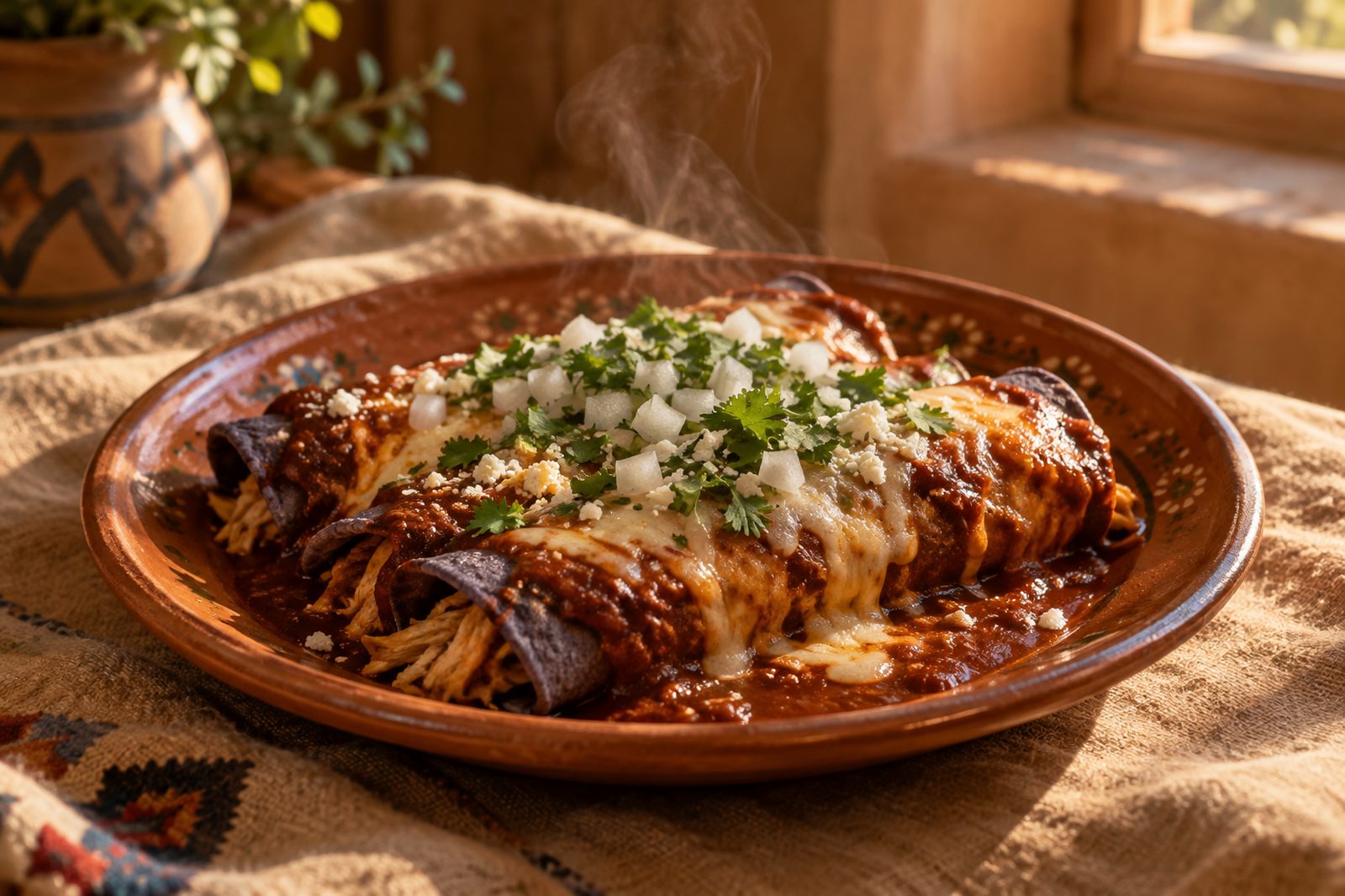 Red chile enchiladas with blue corn tortillas