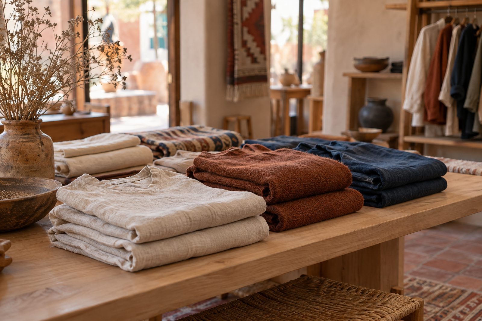 Linen, wool and leather in sand, rust and indigo
