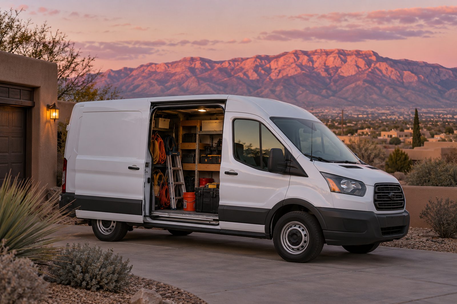 Work van at dusk below the Sandia Mountains