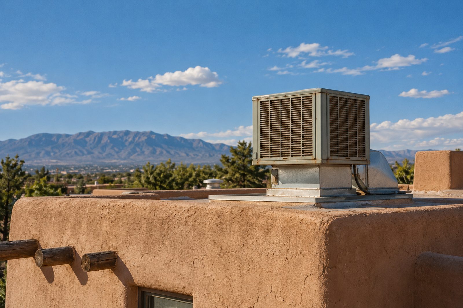 Rooftop swamp cooler under a New Mexico sky